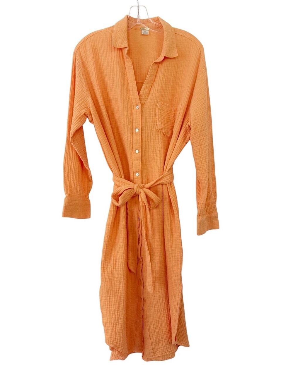 Magaschoni Shirt Dress Midi Gauze Organic Cotton Orange Waffle Beach Size Large